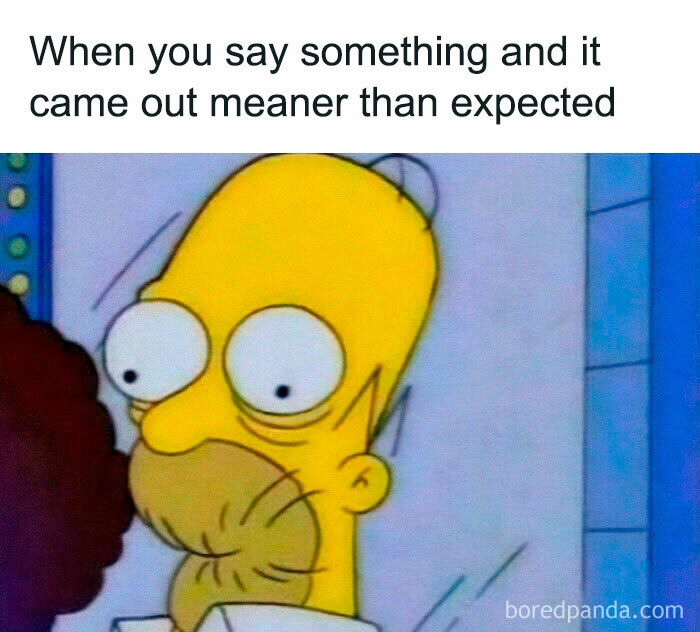 Homer Simpson with a shocked expression in a relatable meme about saying something meaner than expected for memes for days.
