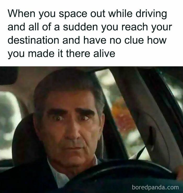 Man driving a car with a confused expression, illustrating a relatable meme about the human experience of zoning out.