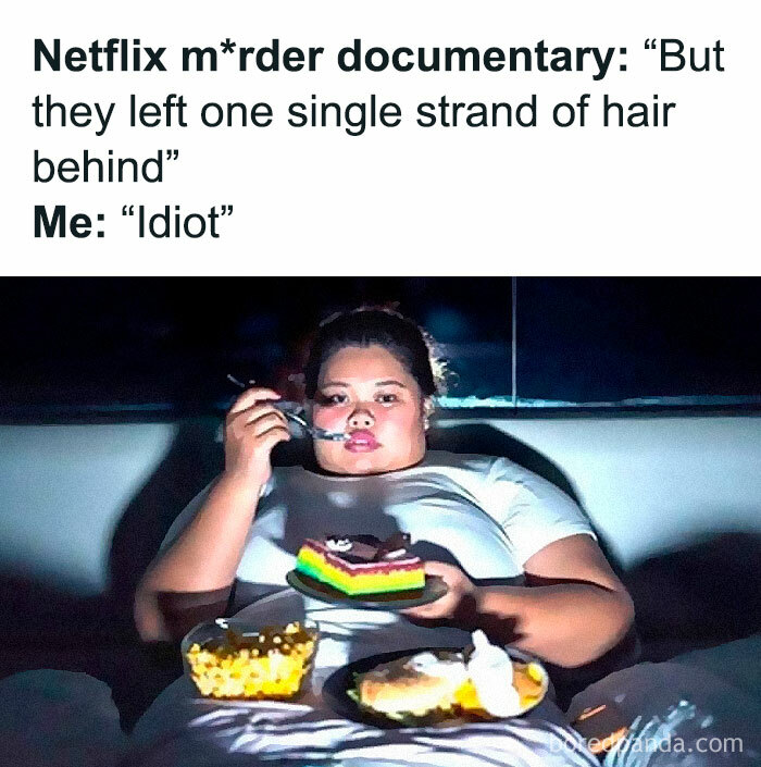 Person eating snacks on couch watching Netflix m****r documentary meme about relatable memes for days avoiding responsibilities.
