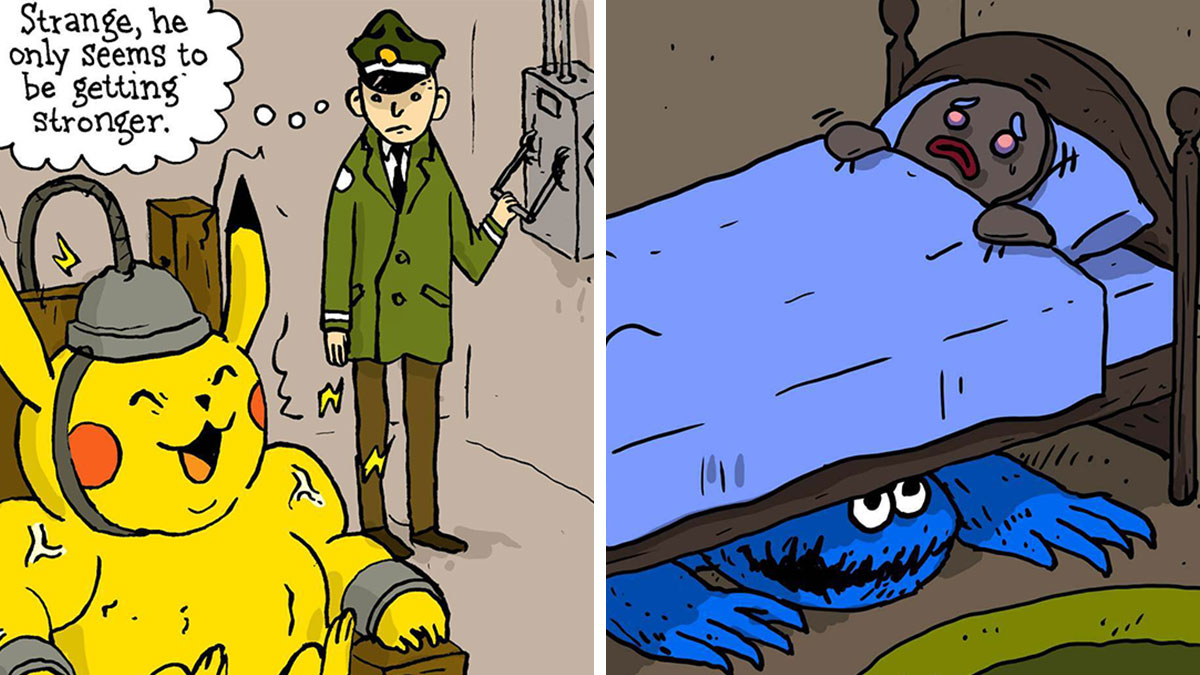 Comic panels by an artist with peculiar sense of humor featuring absurd and surreal characters in colorful scenes.