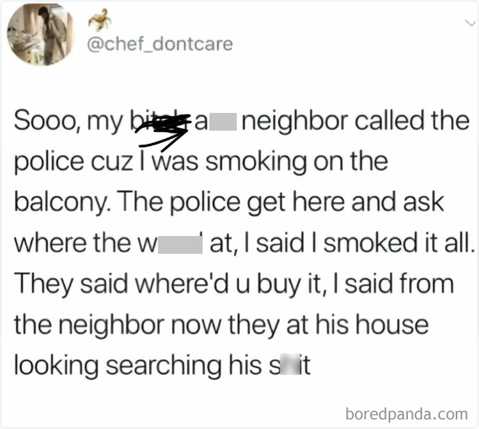 Tweet text about a neighbor calling the police and a humorous police interaction, related to shower feels and relatable posts.