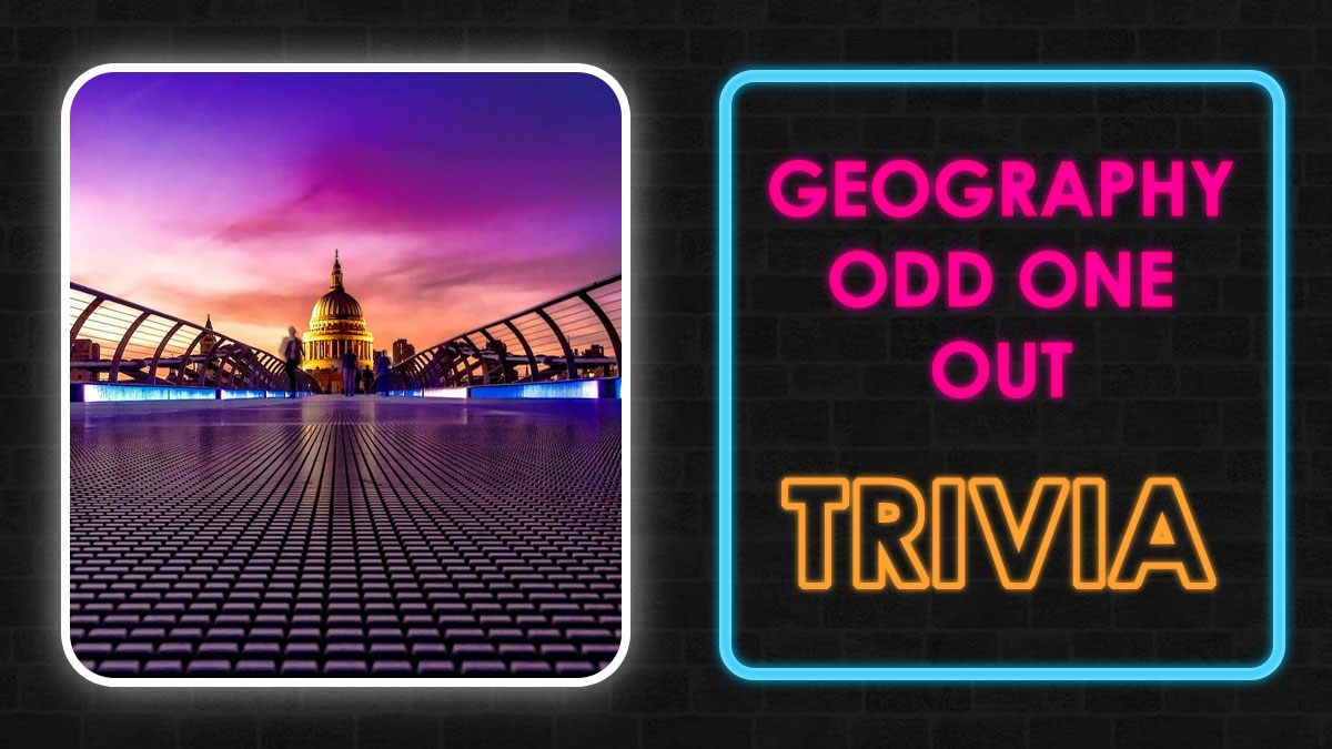 Neon sign reading geography odd one out trivia next to a scenic cityscape at sunset for geography quiz challenge.
