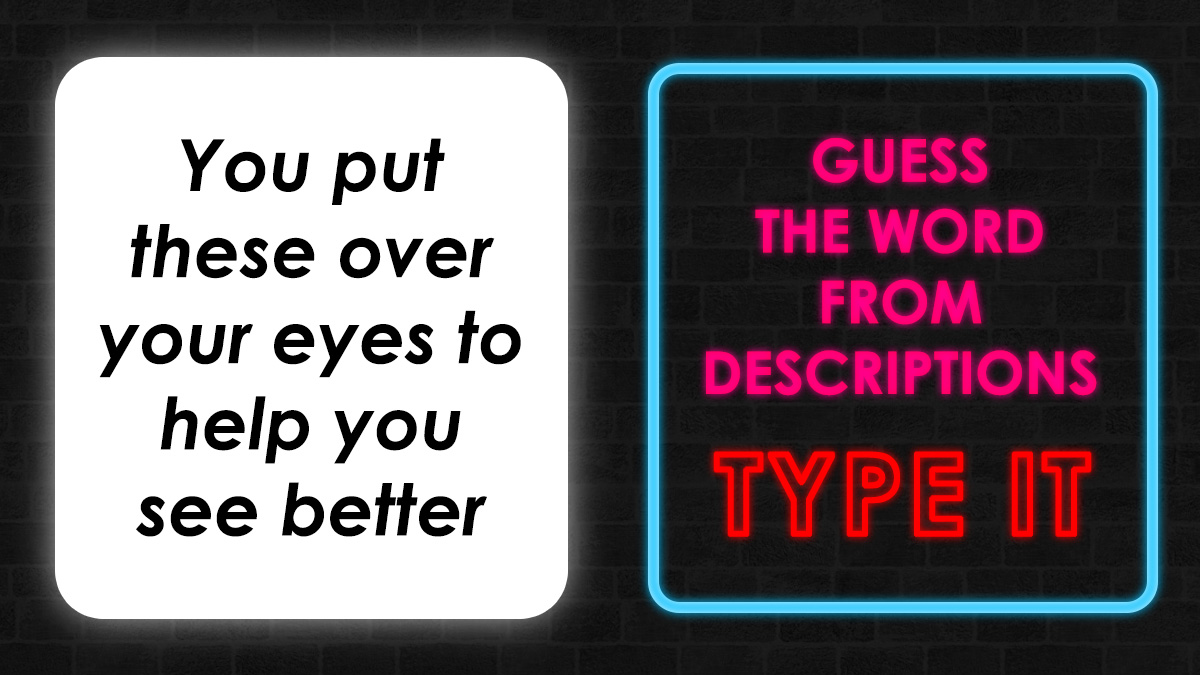 Word description quiz image with everyday words, prompting viewers to guess words from given descriptions.