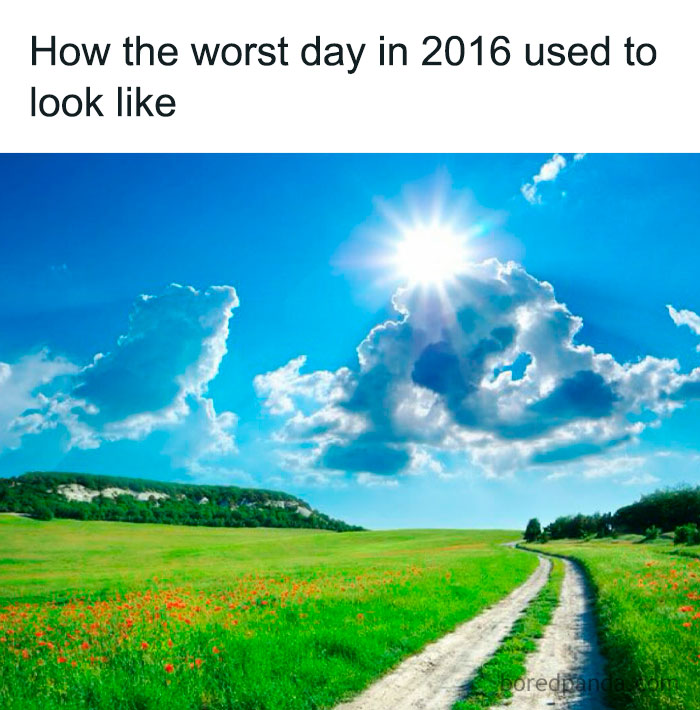 Sunny blue sky and green field with a path, illustrating a funny and relatable meme from an Instagram account.