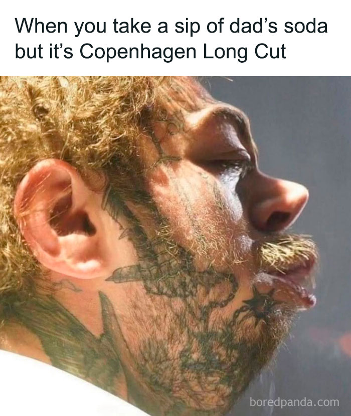 Man with face tattoos making a funny expression, featured in relatable and silly memes from Instagram account.