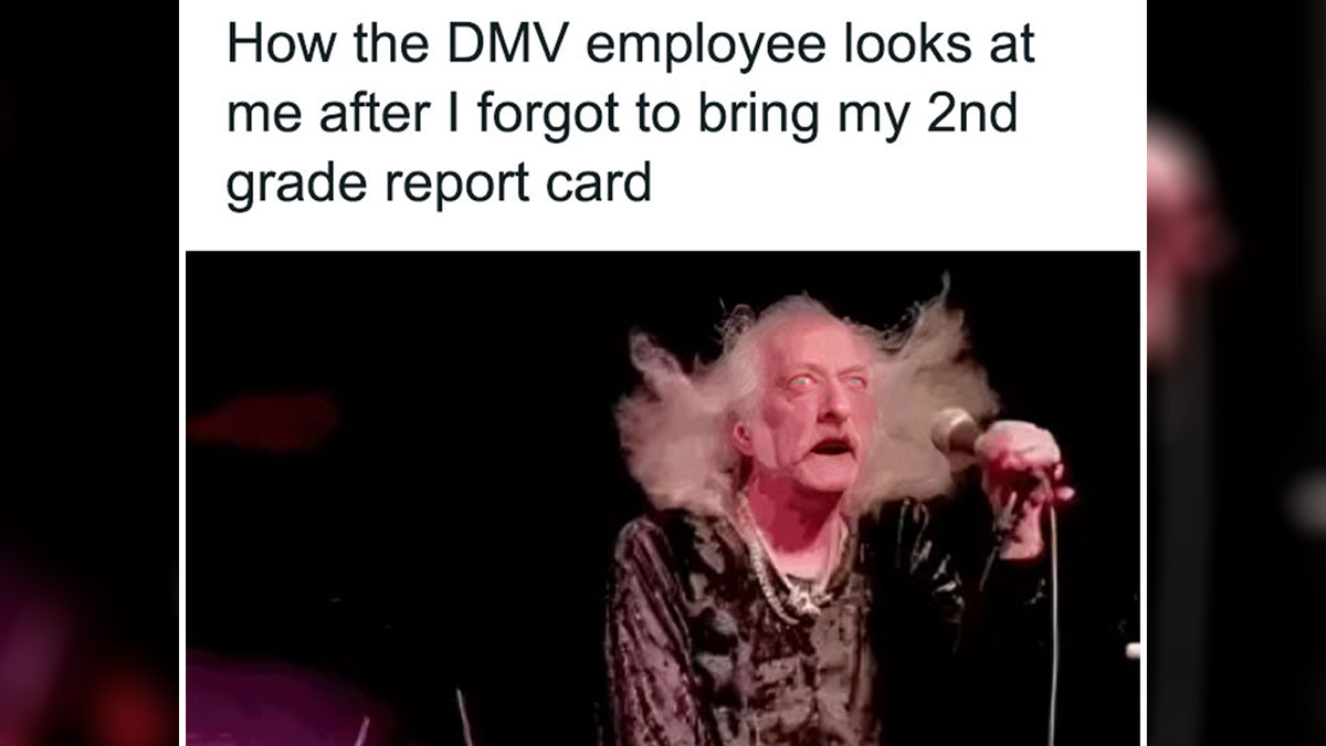 Funny relatable meme showing an older person with wild hair and a shocked expression holding a microphone on stage.