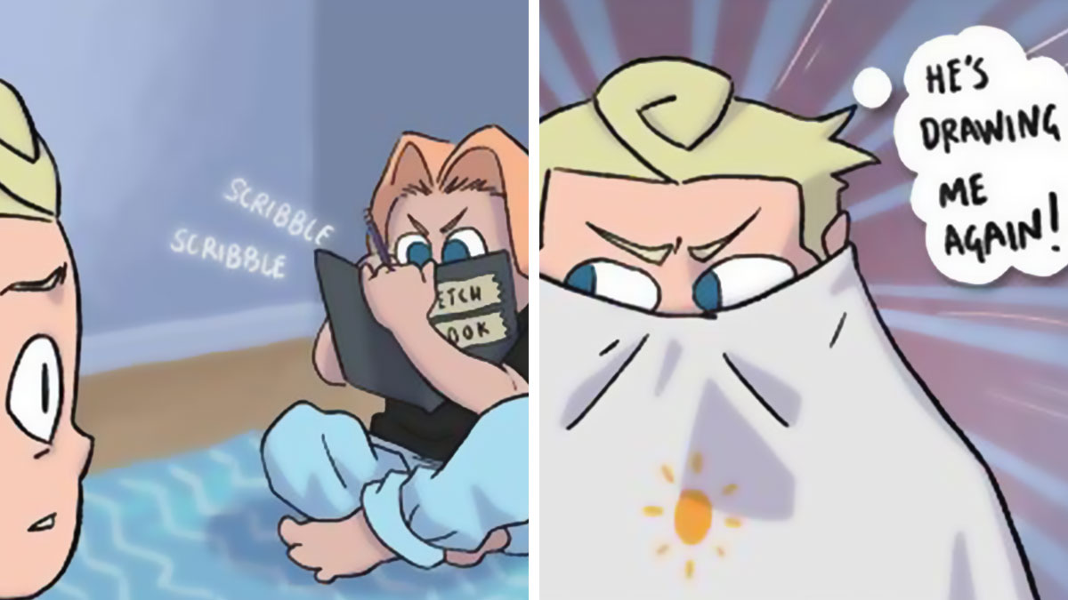 Two-panel comic showing a person sketching and another hiding under a blanket, relatable comics humor brightening your day.