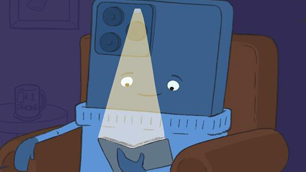 Illustration of a comic-style smartphone character reading a book with its flashlight on, from bizarre comics collection.