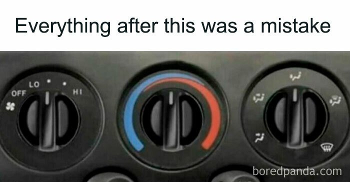 Car dashboard climate controls with a humorous caption illustrating an outrageous hot take shared publicly.