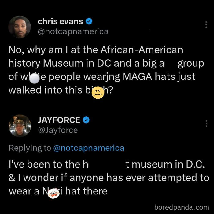 Screenshot of a social media exchange showing outrageous hot takes about museums and political clothing.