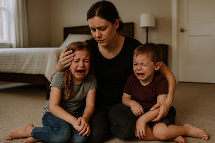 Woman comforting two crying children sitting on the floor, reflecting emotions after news of their dad passed away. Woman comforting two crying children sitting on the floor, reflecting emotions after news of their dad passed away.