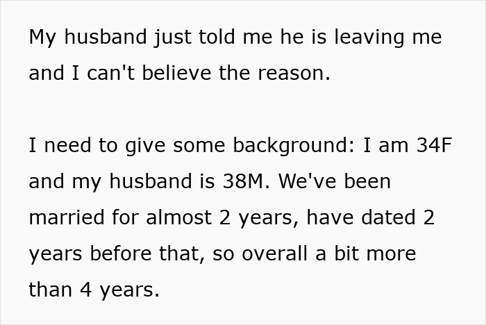 Text excerpt from a woman explaining her husband is leaving her after being hit on for the first time in his life. Text excerpt from a woman explaining her husband is leaving her after being hit on for the first time in his life.