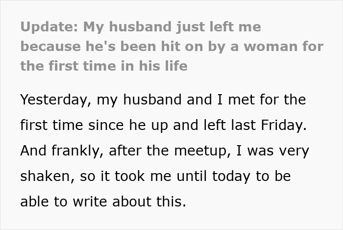 Text excerpt describing a woman’s experience after her husband leaves her following being hit on for the first time in his life.