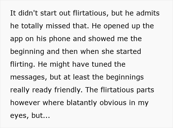 Text excerpt showing a woman’s husband admitting he missed the first time he was hit on, revealing flirtatious messages on his phone.