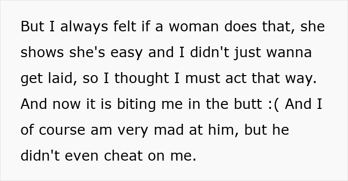 Text excerpt showing a woman expressing feelings about her husband's reaction after being hit on for the first time. Text excerpt showing a woman expressing feelings about her husband's reaction after being hit on for the first time.