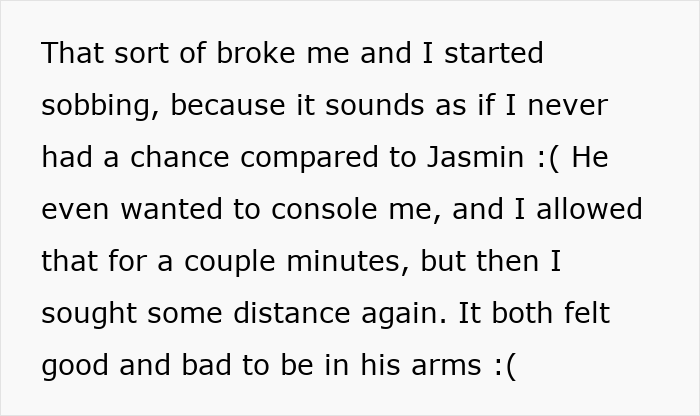 Text describing emotional moment of woman sobbing after her husband's first experience being hit on, reflecting relationship strain.