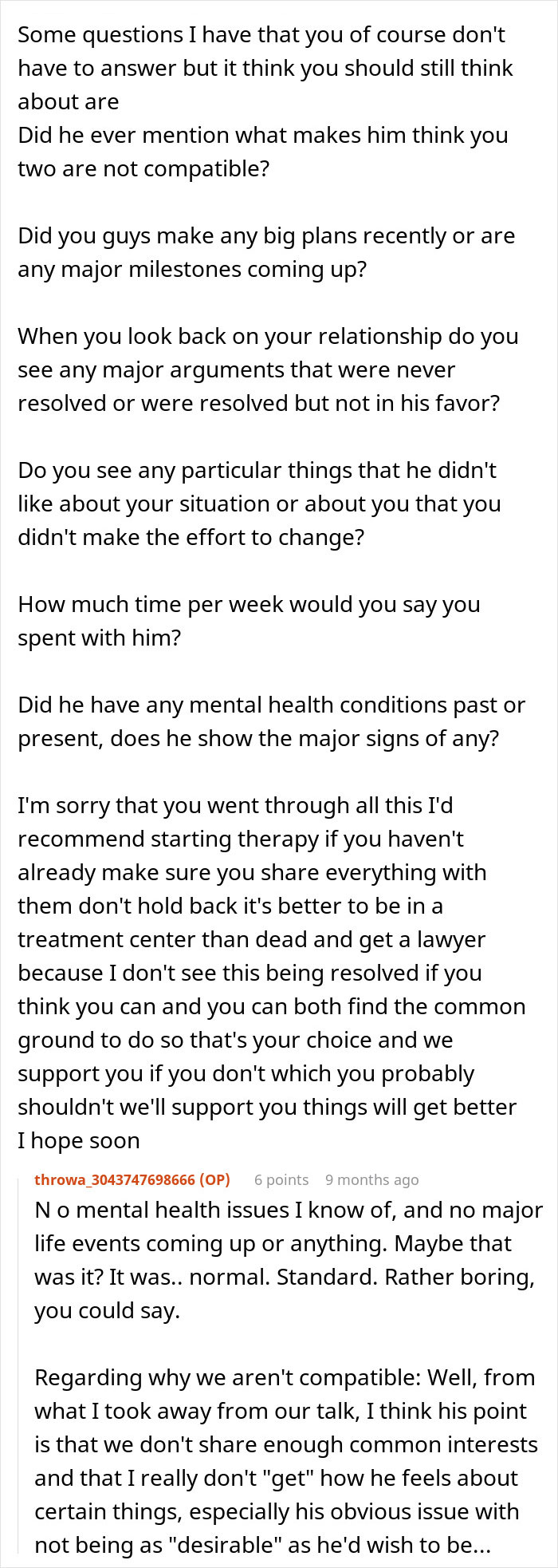 Text conversation discussing relationship compatibility issues after woman's husband leaves her following first time being hit on in life