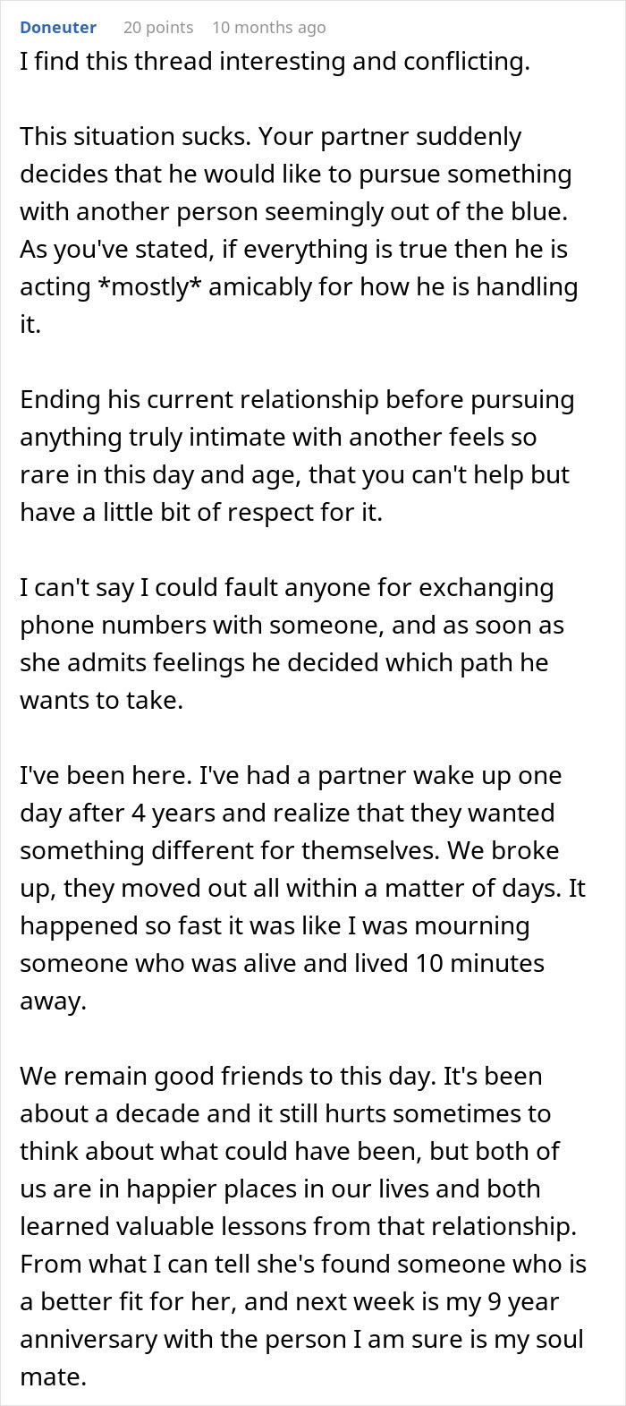 Alt text: Online comment discussing woman's husband leaving her after being hit on for the first time in his life.