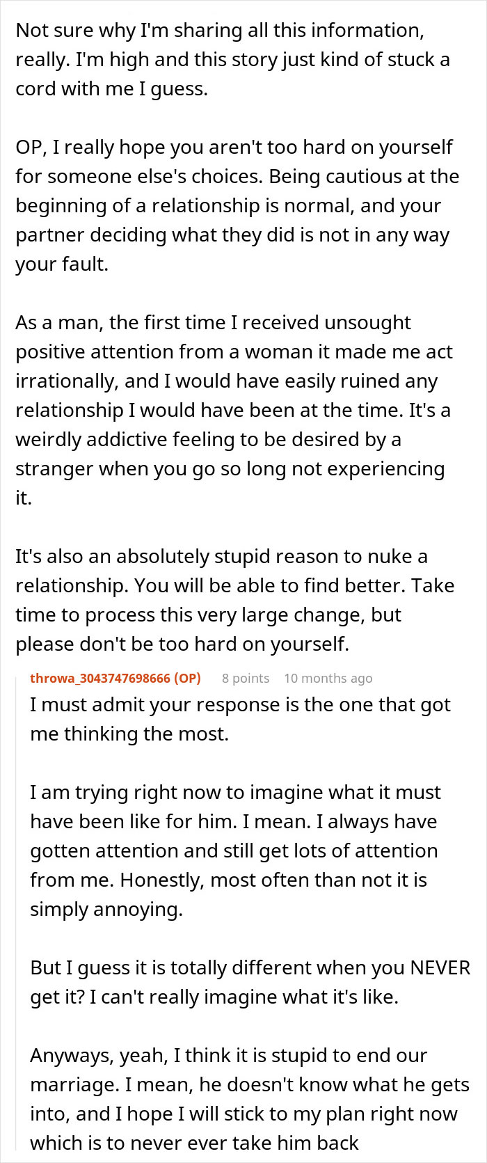 Text conversation discussing a woman's husband leaving her after being hit on for the first time in his life. Text conversation discussing a woman's husband leaving her after being hit on for the first time in his life.