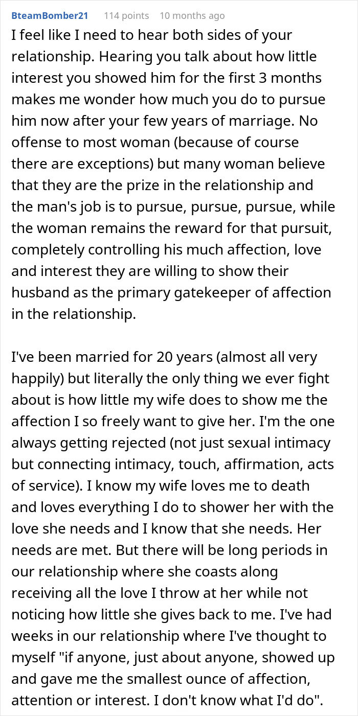 Comment on woman's husband leaving her after being hit on, discussing relationship dynamics and affection imbalance.