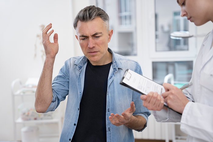 Man in denim shirt upset during medical consultation, reacting to difficult news about wife's cancer and family challenges. Man in denim shirt upset during medical consultation, reacting to difficult news about wife's cancer and family challenges.
