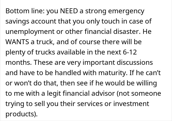 Woman seeks advice on talking sense into husband who plans to make an irresponsible manly purchase of a truck.