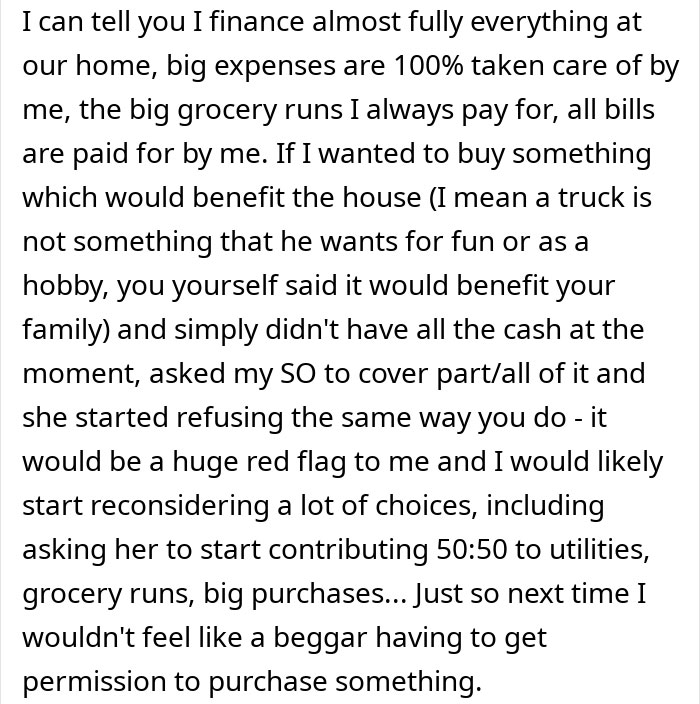 Text message discussing managing household finances and concerns about a husband’s planned irresponsible manly purchase.