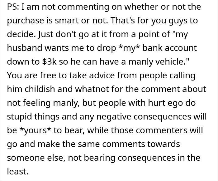 Text excerpt discussing advice on talking sense into husband planning an irresponsible manly purchase and its consequences.