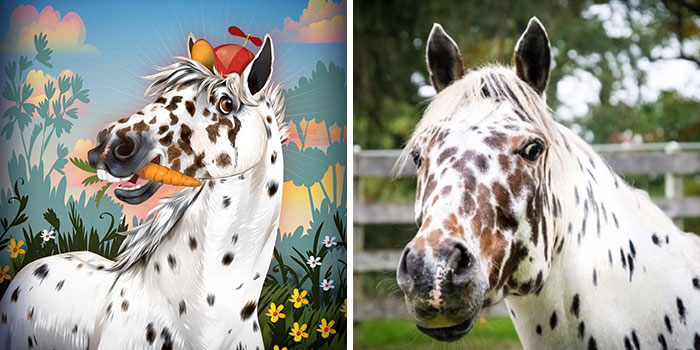 Split image showing a whimsical portrait and a real photo of a spotted horse capturing the wild, sweet, and silly sides of pets.