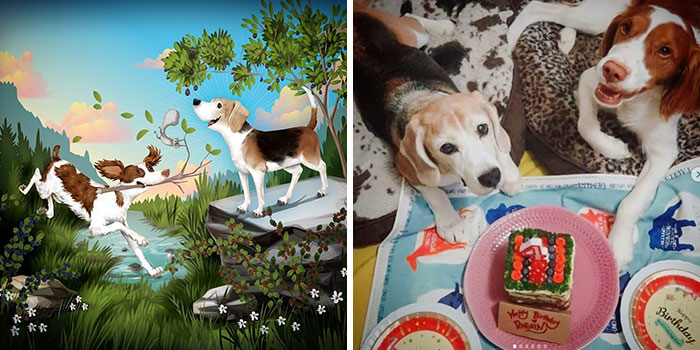 Two dogs beside a birthday cake and a colorful illustrated portrait capturing the wild, sweet, and silly sides of pets