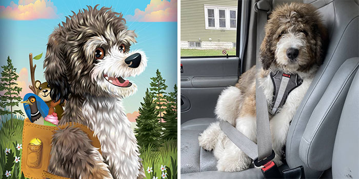 Portraits by Chris Beetow showcasing the wild, sweet, and silly sides of pets with a happy dog in a digital art style.