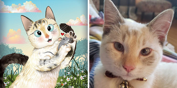 Split image showing a playful portrait of a cat holding a mouse illustration and a close-up photo of a curious cat face.