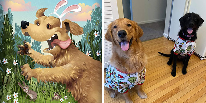 Two dogs wearing colorful pet-themed shirts, capturing the sweet and silly sides of pets in portrait style.