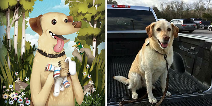 Side-by-side portraits showing the wild, sweet, and silly sides of pets in colorful art and real-life photography.