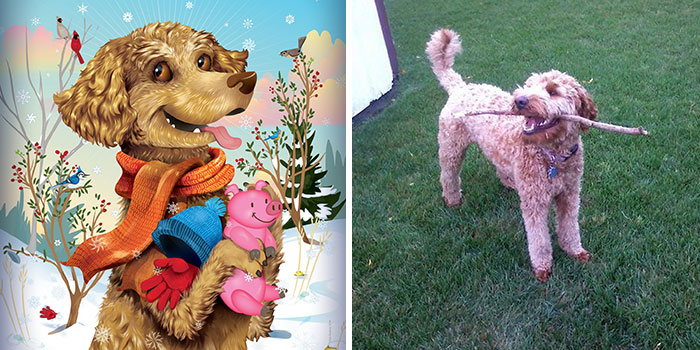 Illustration and photo of a curly-haired dog showcasing wild and sweet sides of pets in playful outdoor settings