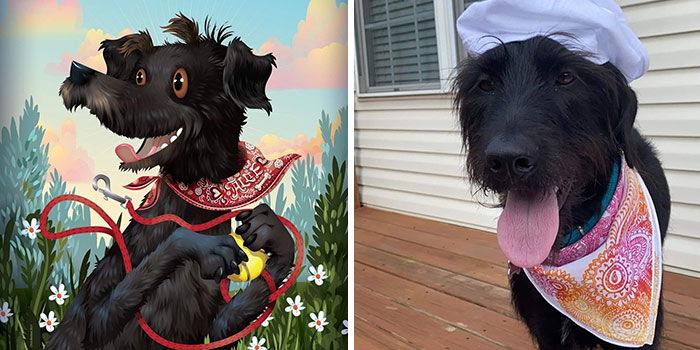 A playful black dog with a red bandana in a wild and silly pet portrait by Chris Beetow next to a real dog in a chef hat.