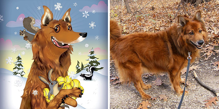 Illustration and photo of a dog capturing the wild, sweet, and silly sides of pets in creative portraits.