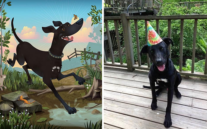 Black dog portrayed in a lively pet portrait and wearing a colorful party hat on a wooden deck outdoors