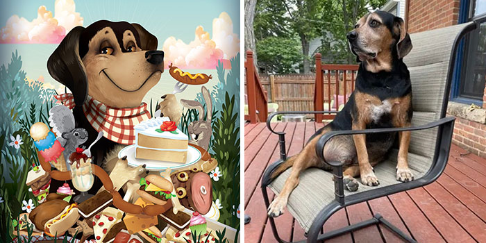 Left side shows a playful pet portrait illustration with food, right side a dog sitting on a chair outdoors capturing silly pet moments.
