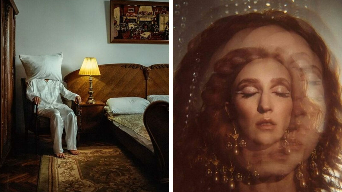 Left image shows a person with a pillow over their head sitting in a vintage bedroom, right image is a cinematic-style portrait with a blurred multiple exposure effect.