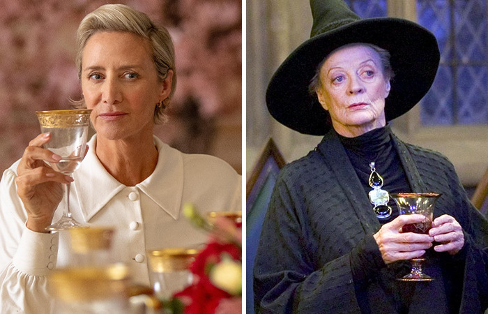 Two female characters from Harry Potter series holding goblets, highlighting new cast for Harry Hermione and Ron in upcoming series. Two female characters from Harry Potter series holding goblets, highlighting new cast for Harry Hermione and Ron in upcoming series.