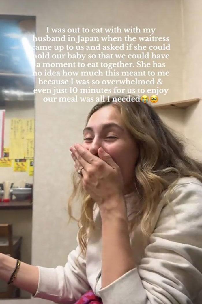 Woman overwhelmed with emotion after Japanese waitress helps traveling mom and dad in restaurant, capturing viral internet moment. Woman overwhelmed with emotion after Japanese waitress helps traveling mom and dad in restaurant, capturing viral internet moment.