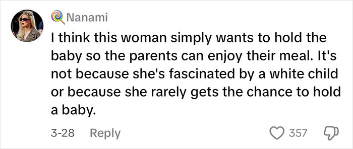 Comment discussing a Japanese waitress helping a traveling mom and dad by holding their baby in a viral moment online. Comment discussing a Japanese waitress helping a traveling mom and dad by holding their baby in a viral moment online.