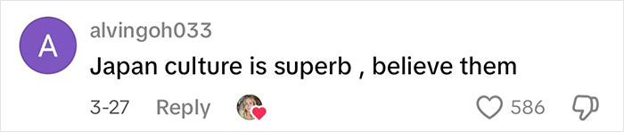 Comment on social media praising Japanese culture, highlighting admiration and belief in their hospitality and values. Comment on social media praising Japanese culture, highlighting admiration and belief in their hospitality and values.