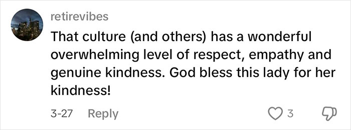 Comment expressing admiration for a Japanese waitress who helped a traveling mom and dad, sparking viral internet attention. Comment expressing admiration for a Japanese waitress who helped a traveling mom and dad, sparking viral internet attention.
