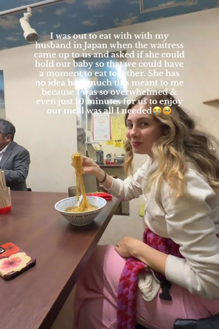 Woman eating noodles in a casual Japanese restaurant as the internet reacts to waitress helping traveling mom and dad. Woman eating noodles in a casual Japanese restaurant as the internet reacts to waitress helping traveling mom and dad.