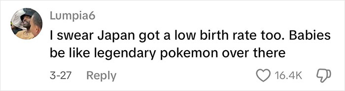 Comment on social media discussing Japan's low birth rate, referencing legendary Pokémon, related to viral Japanese waitress story. Comment on social media discussing Japan's low birth rate, referencing legendary Pokémon, related to viral Japanese waitress story.