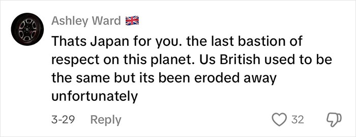 Comment from Ashley Ward praising Japan's respect culture, relating to viral Japanese waitress helping traveling mom and dad. Comment from Ashley Ward praising Japan's respect culture, relating to viral Japanese waitress helping traveling mom and dad.