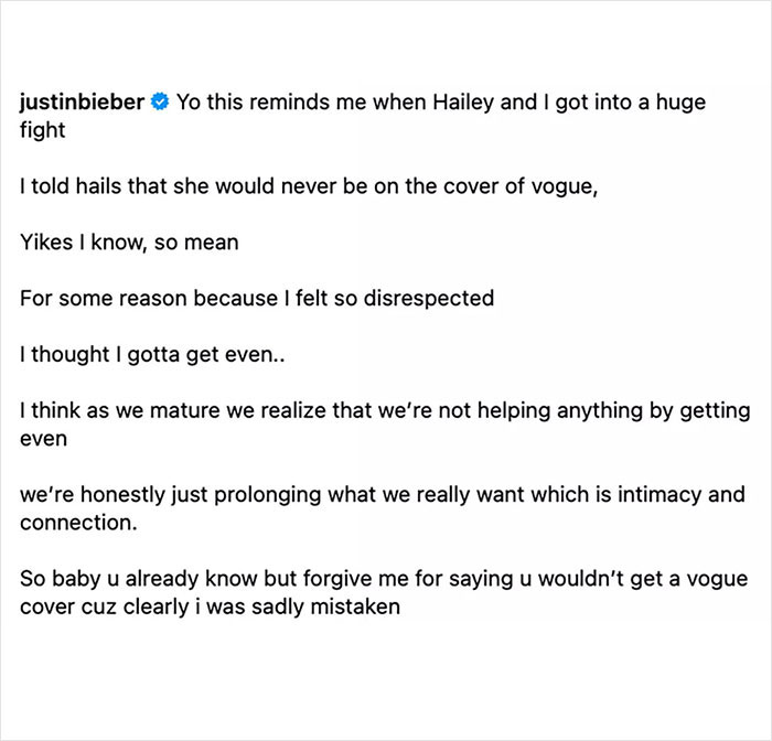 Instagram post by Justin Bieber reflecting on his relationship with Hailey and their personal growth after her success. Instagram post by Justin Bieber reflecting on his relationship with Hailey and their personal growth after her success.