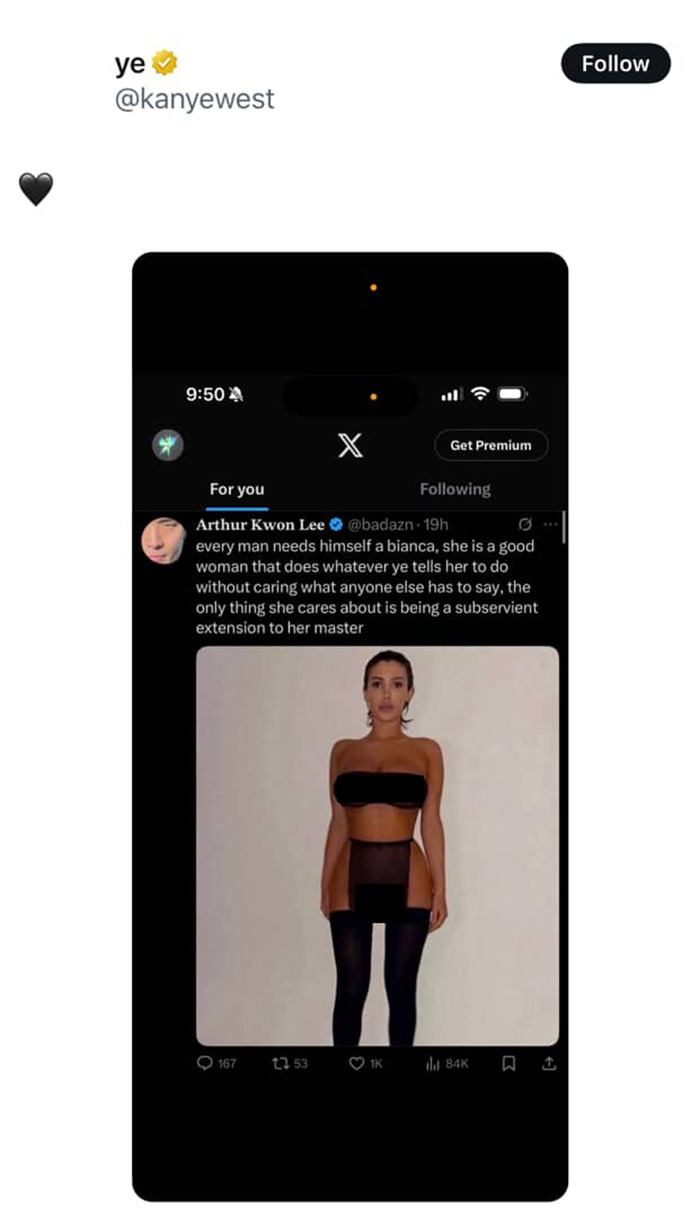 Kanye West shares post referencing being subservient to Bianca Censori and her role as master in a social media screenshot. Kanye West shares post referencing being subservient to Bianca Censori and her role as master in a social media screenshot.